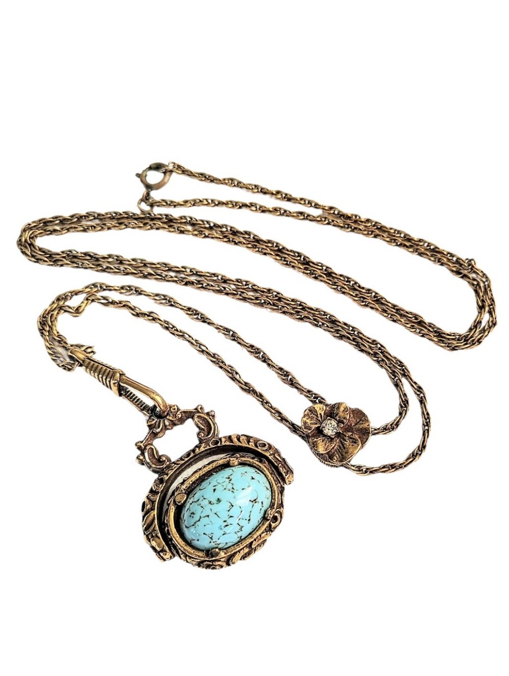 🆕 Vintage Estate Goldette Ornate Etruscan Turquoise Fob Watch Chain Necklace